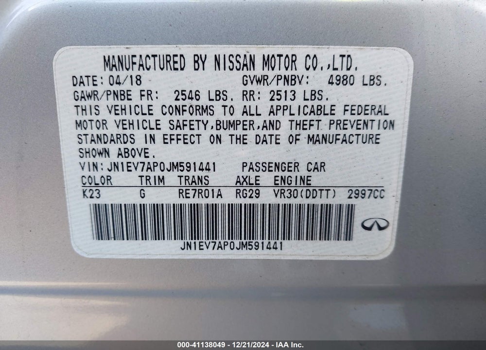 2018 INFINITI Q50 3.0T LUXE VIN: JN1EV7AP0JM591441