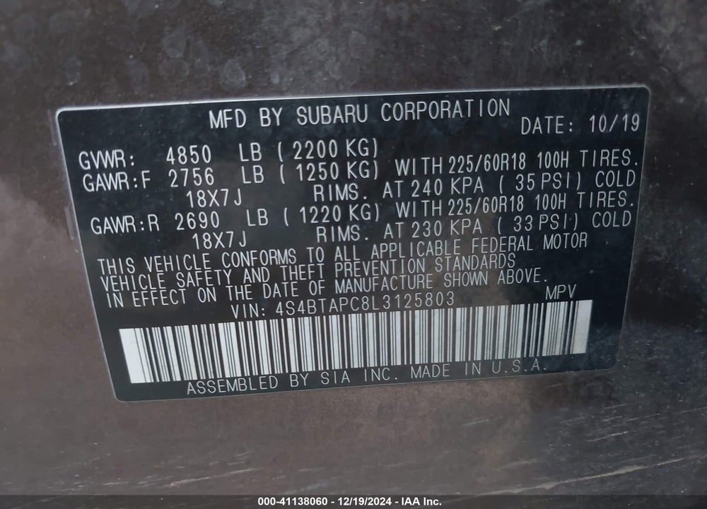 2020 SUBARU OUTBACK TOURING VIN: 4S4BTAPC8L3125803