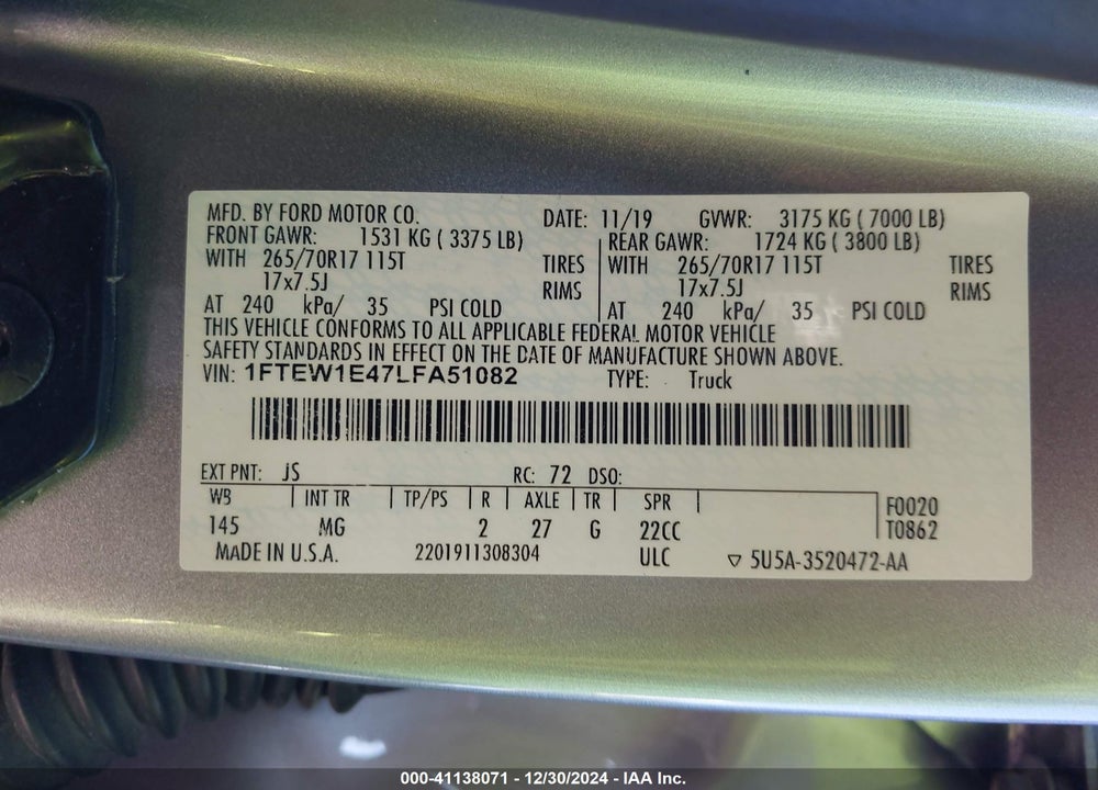 2020 FORD F-150 VIN: 1FTEW1E47LFA51082