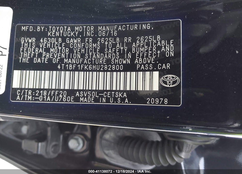 2017 TOYOTA CAMRY SE VIN: 4T1BF1FK6HU282800