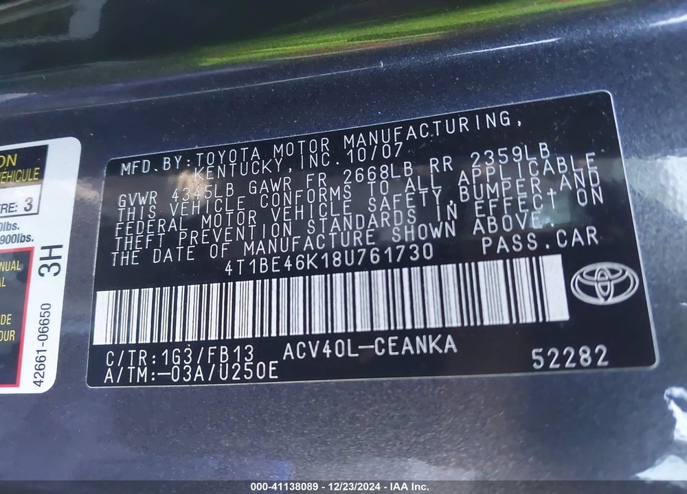 2008 TOYOTA CAMRY LE VIN: 4T1BE46K18U761730