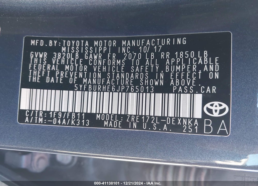 2018 TOYOTA COROLLA LE VIN: 5YFBURHE6JP765013