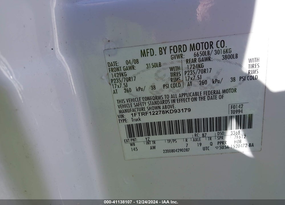 2008 FORD F-150 STX/XL/XLT VIN: 1FTRF12278KD93179