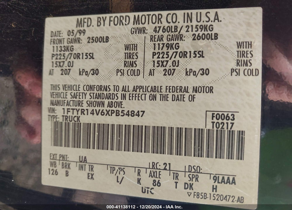 1999 RANGER FORD  XL/XLT VIN: 1FTYR14V6XPB54847