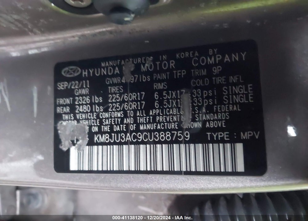 2012 HYUNDAI TUCSON GLS PZEV VIN: KM8JU3AC9CU388759