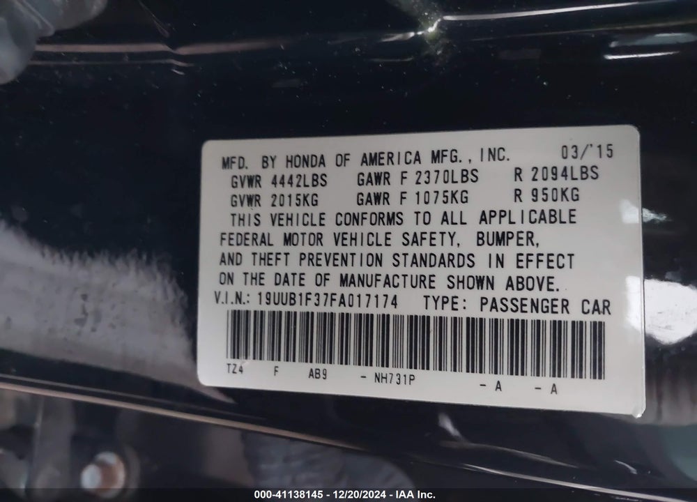 2015 ACURA TLX VIN: 19UUB1F37FA017174