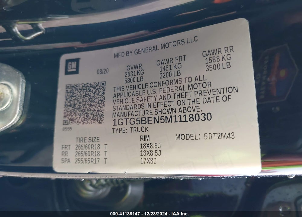 2021 GMC CANYON 2WD SHORT BOX ELEVATION STANDARD VIN: 1GTG5BEN5M1118030