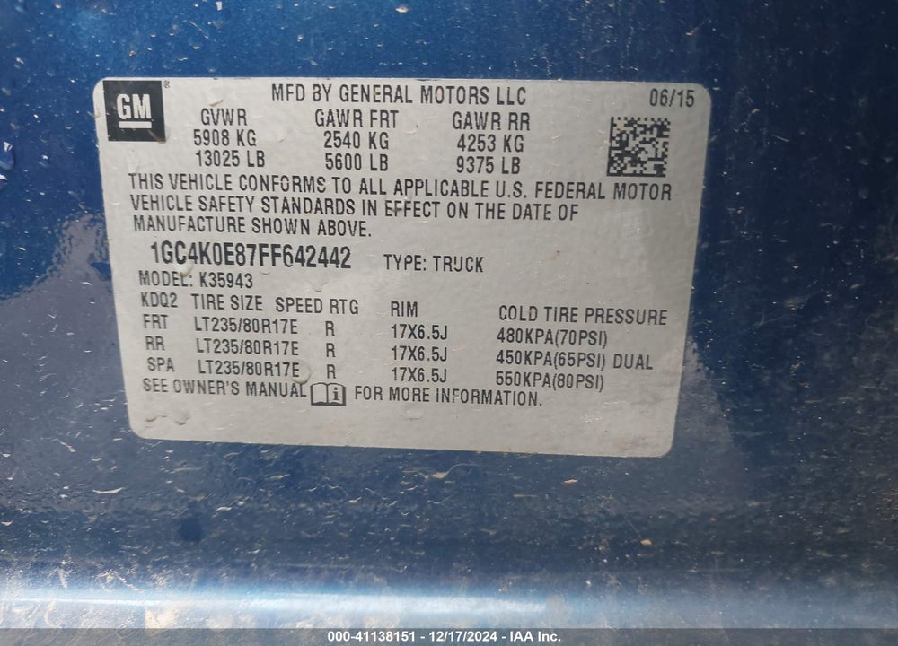 2015 CHEVROLET SILVERADO 3500HD LTZ VIN: 1GC4K0E87FF642442