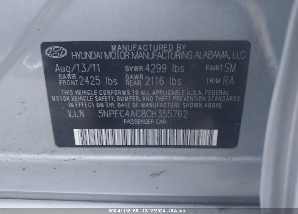 2012 HYUNDAI SONATA LIMITED VIN: 5NPEC4AC8CH355762
