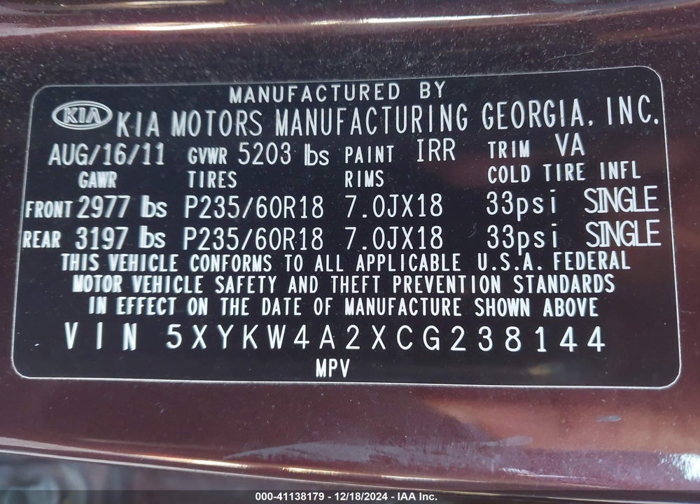 2012 KIA SORENTO SX V6 VIN: 5XYKW4A2XCG238144