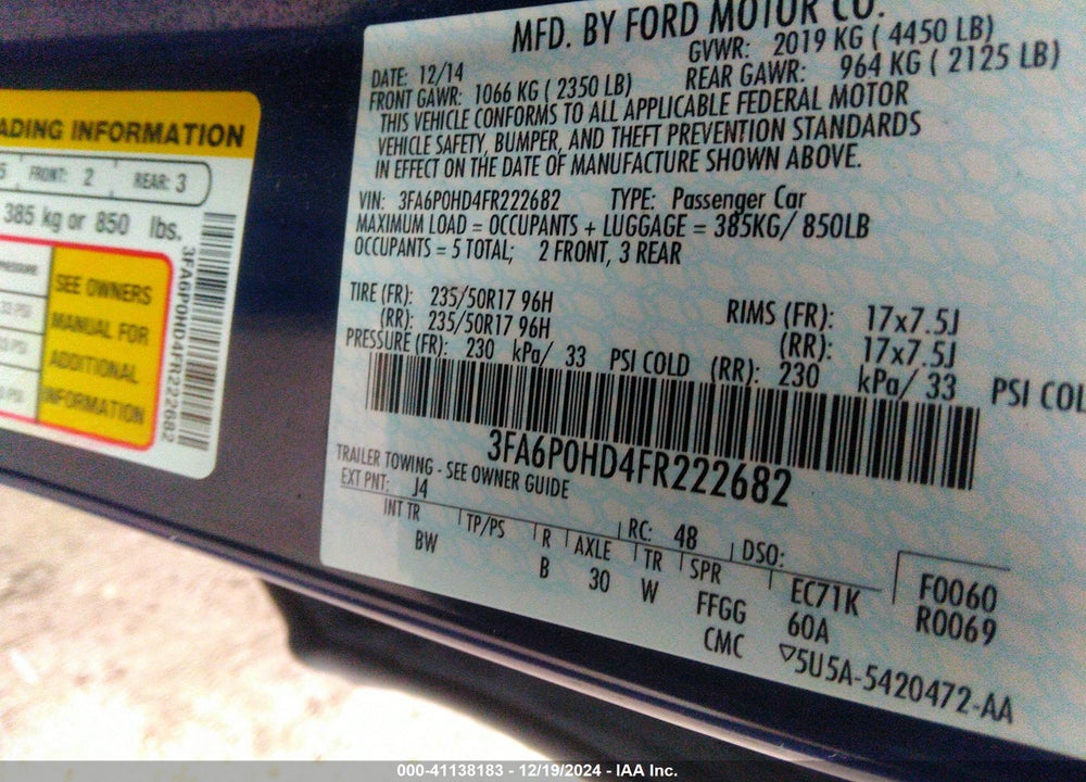 2015 FORD FUSION SE VIN: 3FA6P0HD4FR222682