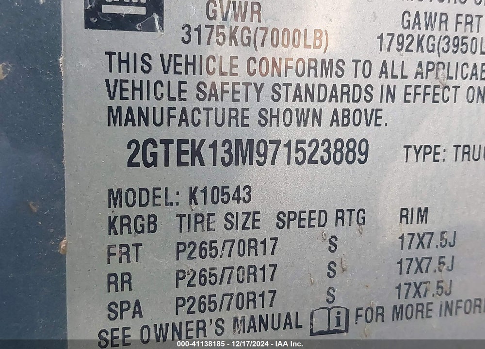 2007 GMC SIERRA 1500 SLT VIN: 2GTEK13M971523889