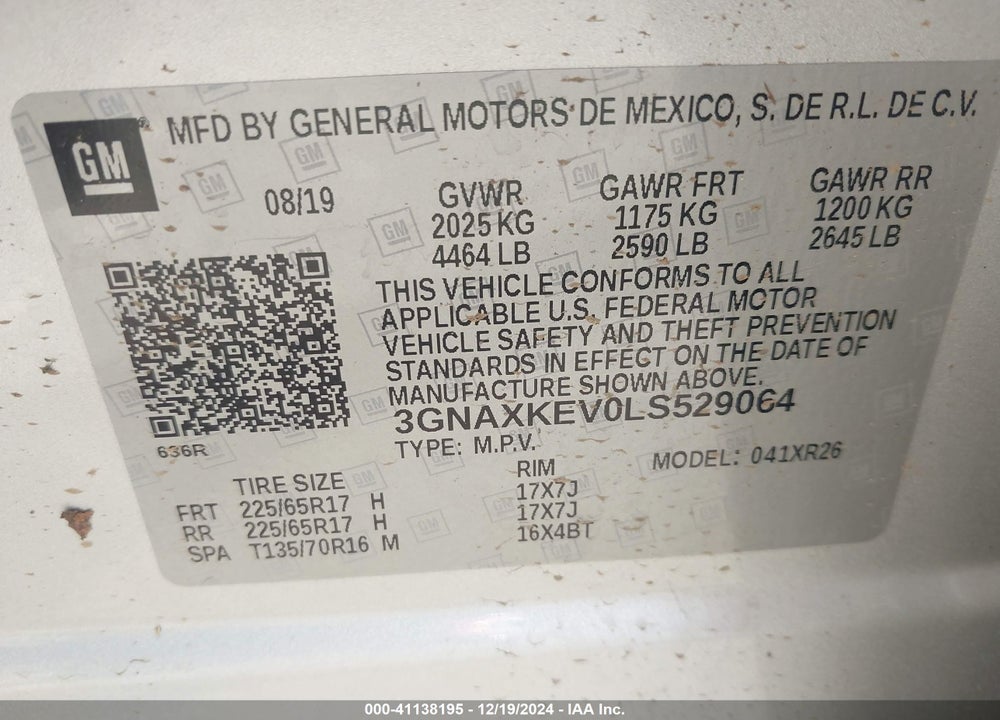 2020 CHEVROLET EQUINOX FWD LT 1.5L TURBO VIN: 3GNAXKEV0LS529064
