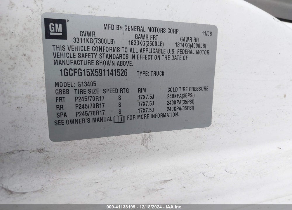 2009 CHEVROLET EXPRESS 1500 WORK VAN VIN: 1GCFG15X591141526