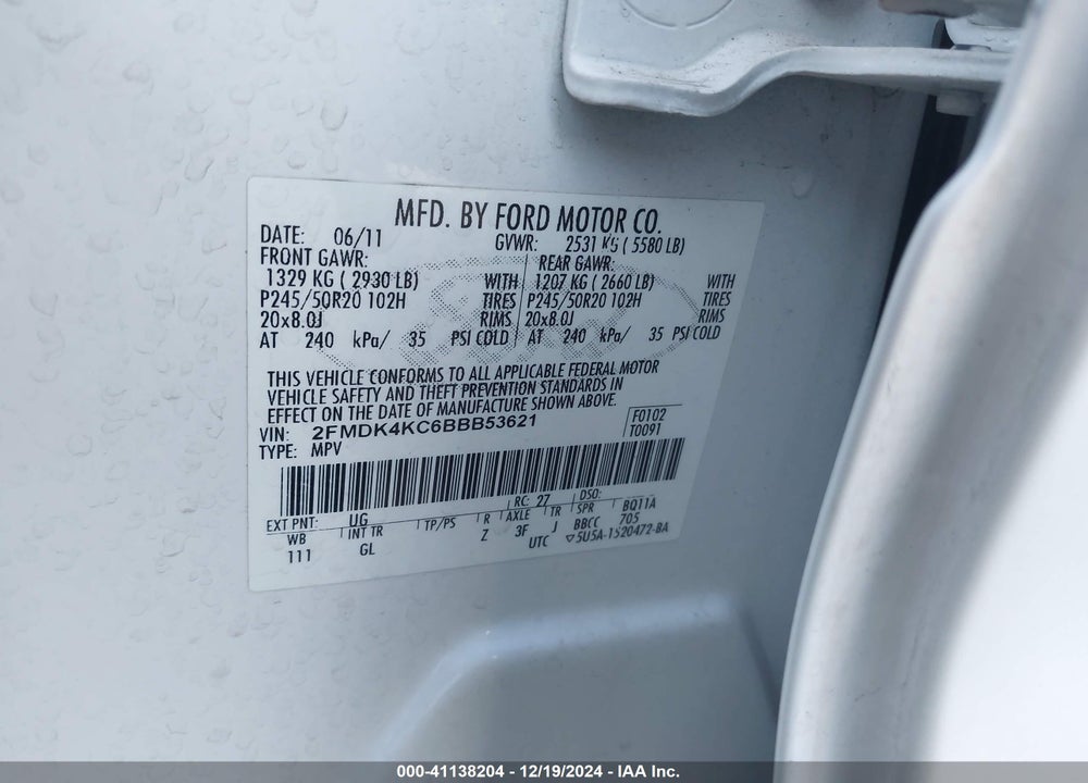 2011 FORD EDGE LIMITED VIN: 2FMDK4KC6BBB53621