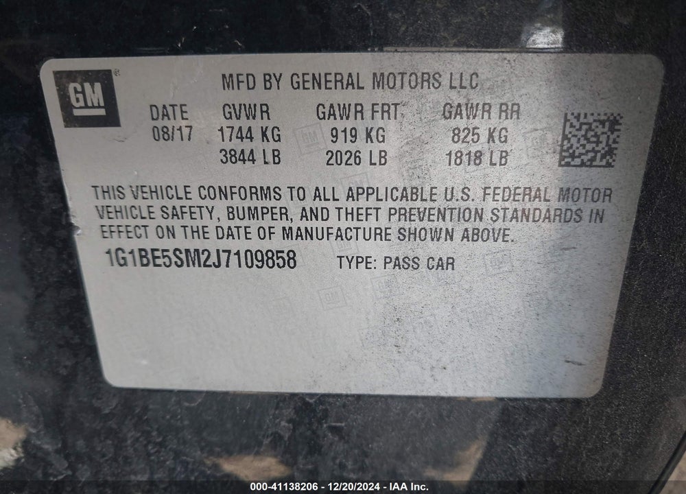 2018 CHEVROLET CRUZE LT AUTO VIN: 1G1BE5SM2J7109858