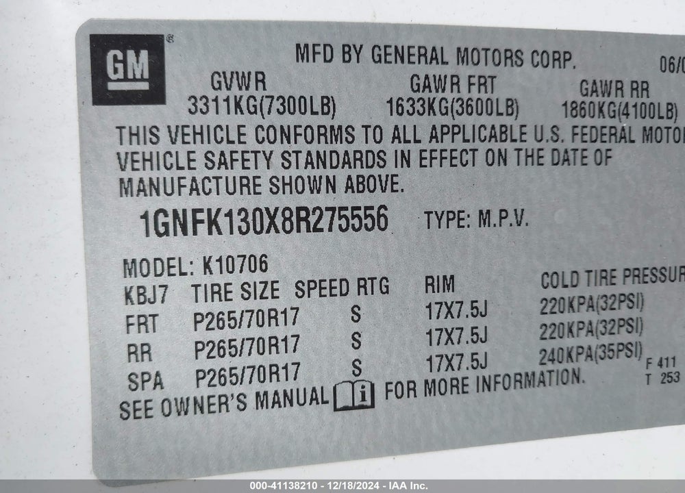 2008 CHEVROLET TAHOE LS VIN: 1GNFK130X8R275556