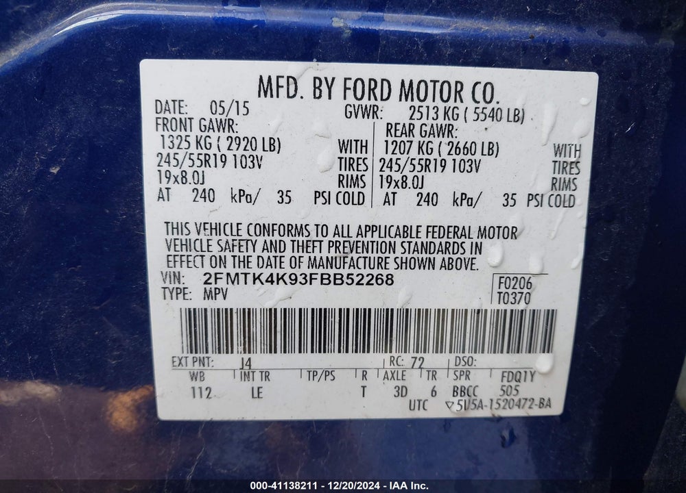 2015 FORD EDGE TITANIUM VIN: 2FMTK4K93FBB52268