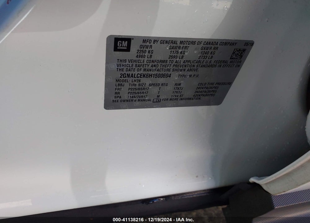 2017 CHEVROLET EQUINOX LT VIN: 2GNALCEK6H1500694