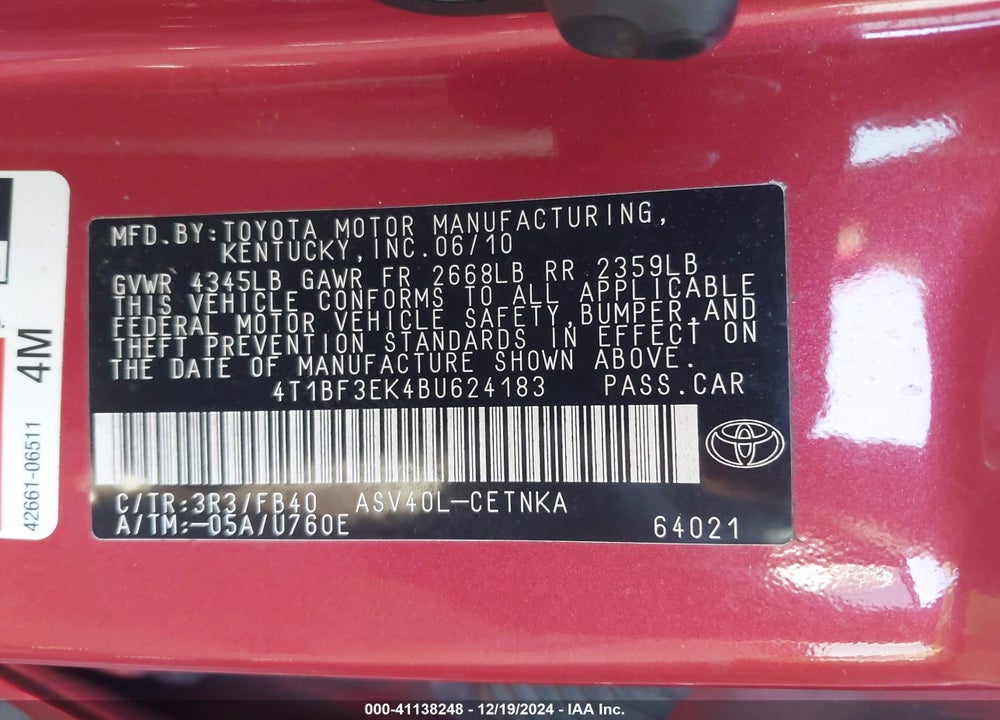 2011 TOYOTA CAMRY LE VIN: 4T1BF3EK4BU624183