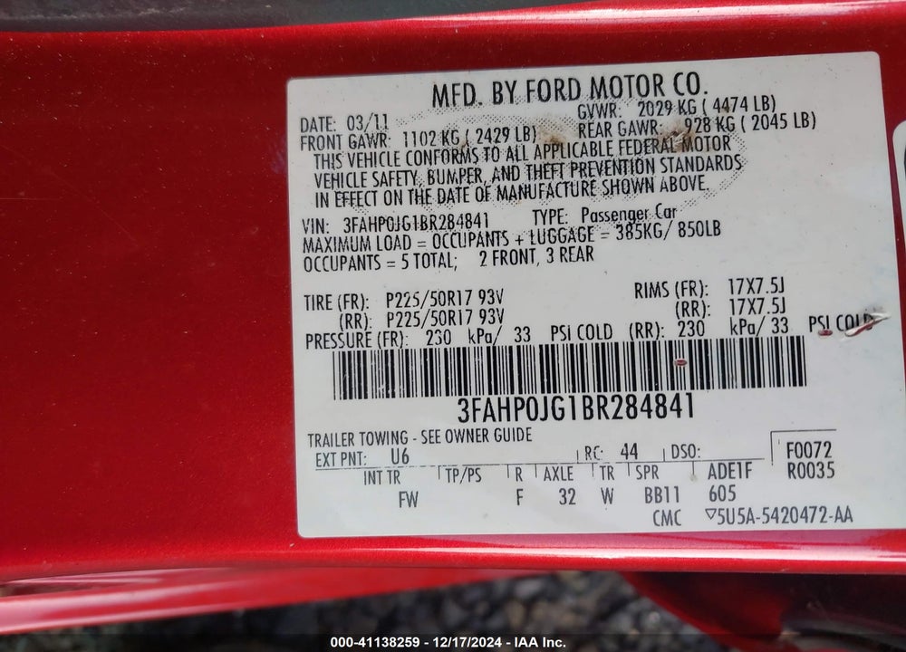2011 FORD FUSION SEL VIN: 3FAHP0JG1BR284841