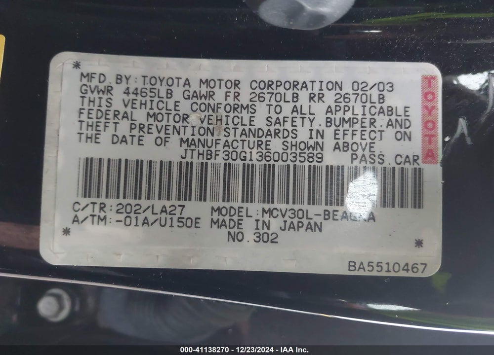 2003 LEXUS ES 300 VIN: JTHBF30G136003589