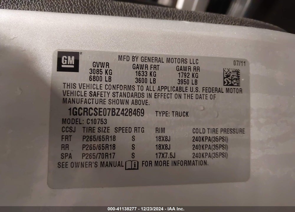 2011 CHEVROLET SILVERADO 1500 LT VIN: 1GCRCSE07BZ428469