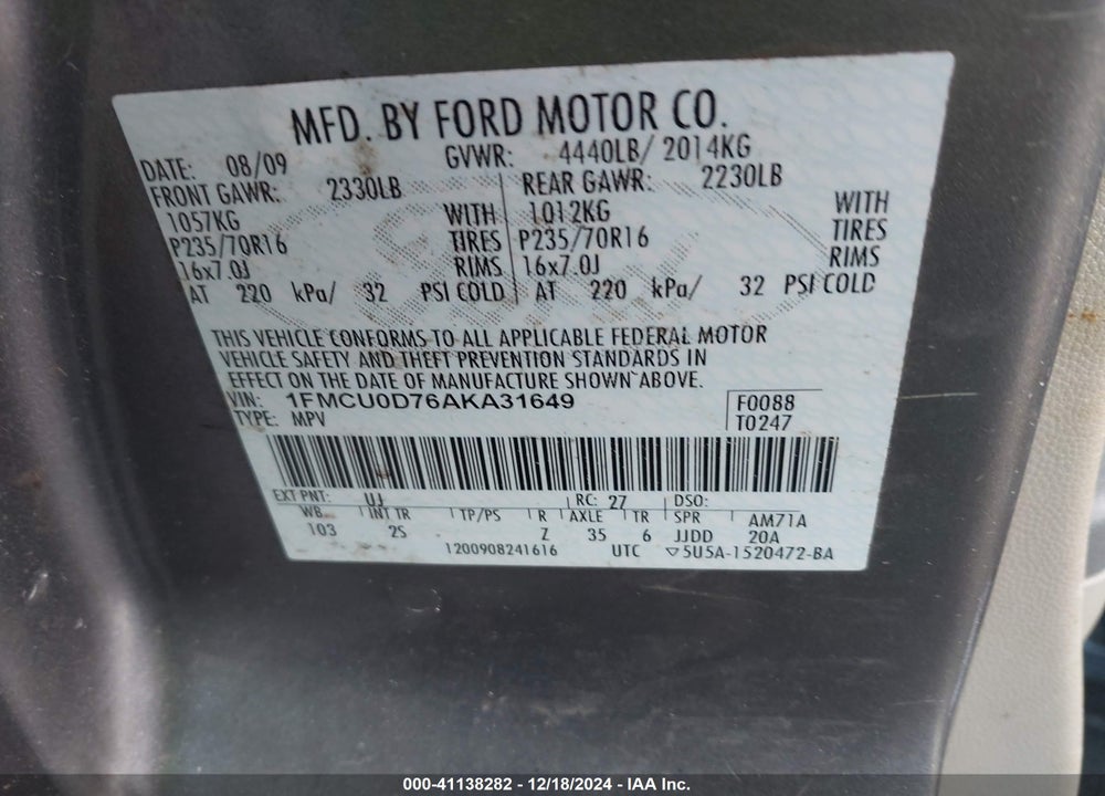 2010 FORD ESCAPE XLT VIN: 1FMCU0D76AKA31649