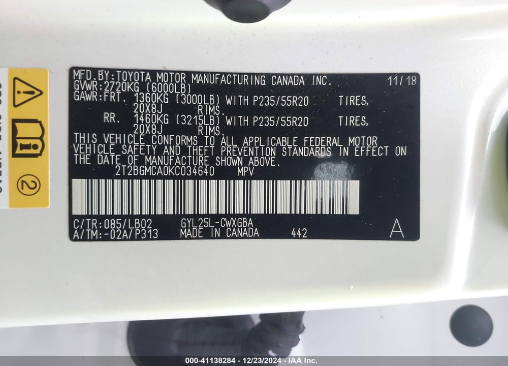 2019 LEXUS RX 450H VIN: 2T2BGMCA0KC034640