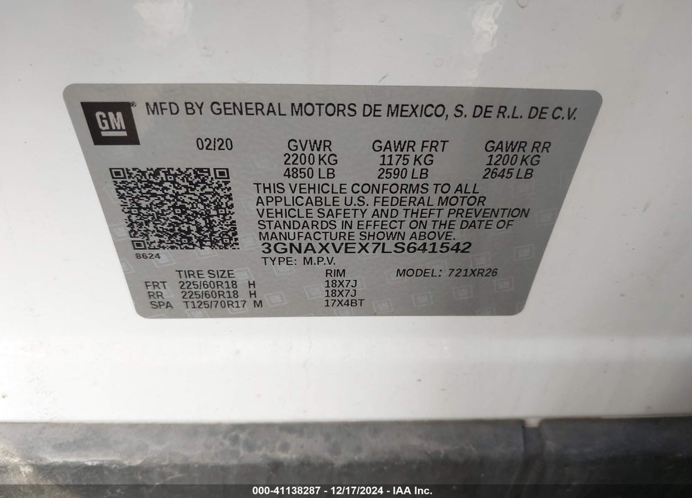 2020 CHEVROLET EQUINOX AWD LT 2.0L TURBO VIN: 3GNAXVEX7LS641542