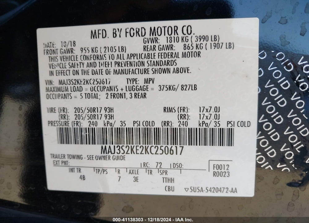 2019 FORD ECOSPORT TITANIUM VIN: MAJ3S2KE2KC250617