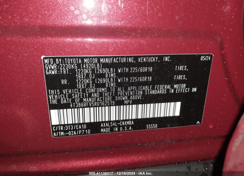 2024 TOYOTA RAV4 HYBRID XLE PREMIUM VIN: 4T3B6RFV5RU162519