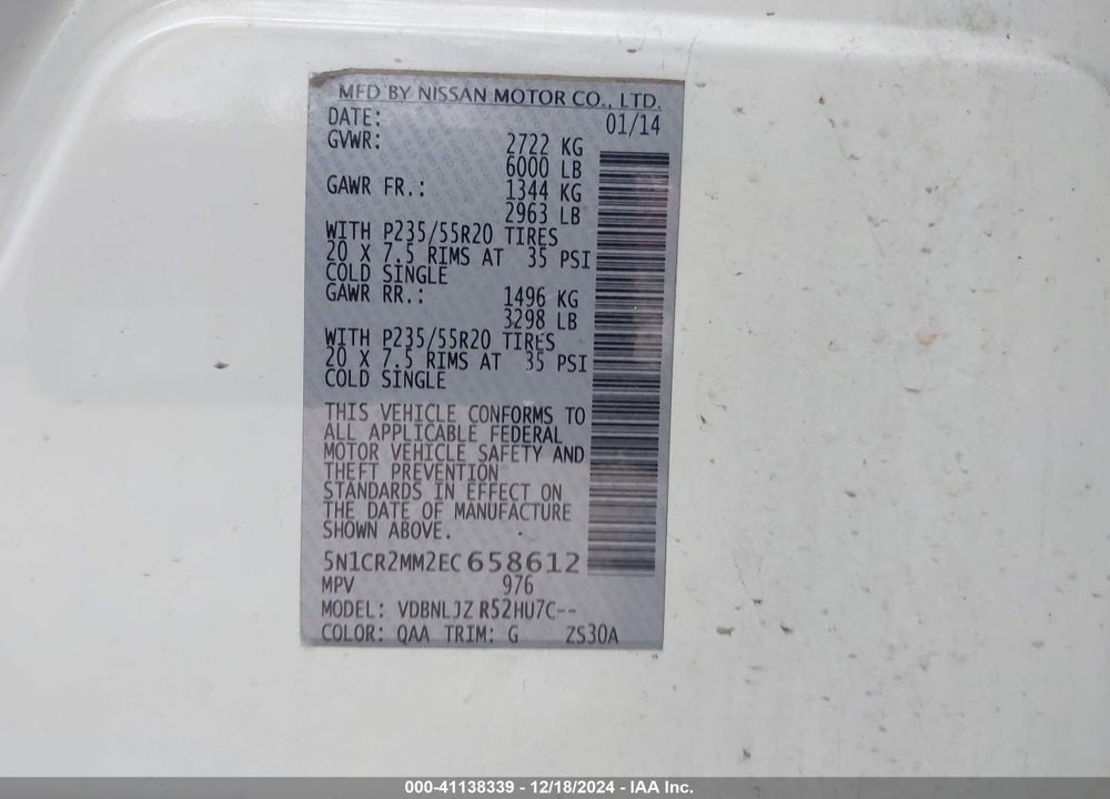 2014 NISSAN PATHFINDER HYBRID VIN: 5N1CR2MM2EC658612