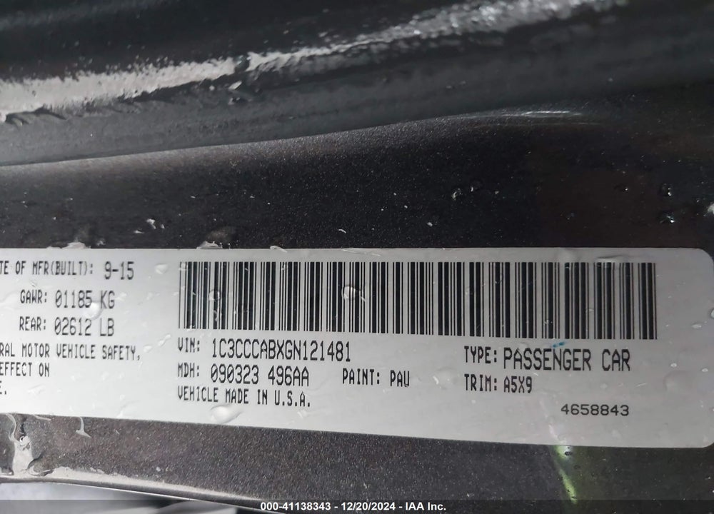 2016 CHRY 200 LIMITED FWD VIN: 1C3CCCABXGN121481