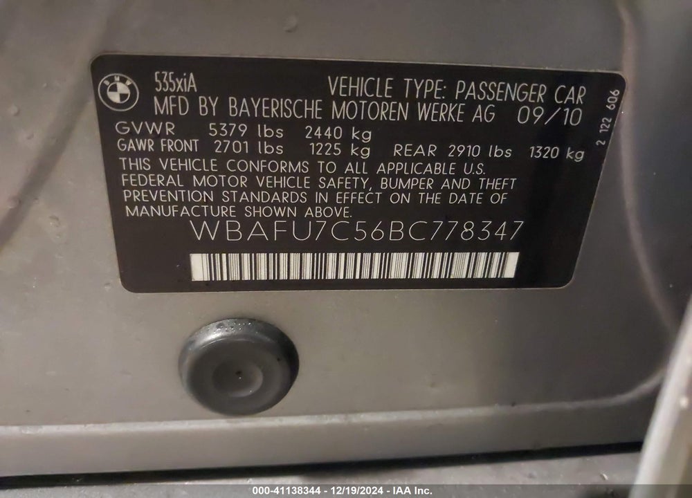 2011 BMW 535I XDRIVE VIN: WBAFU7C56BC778347