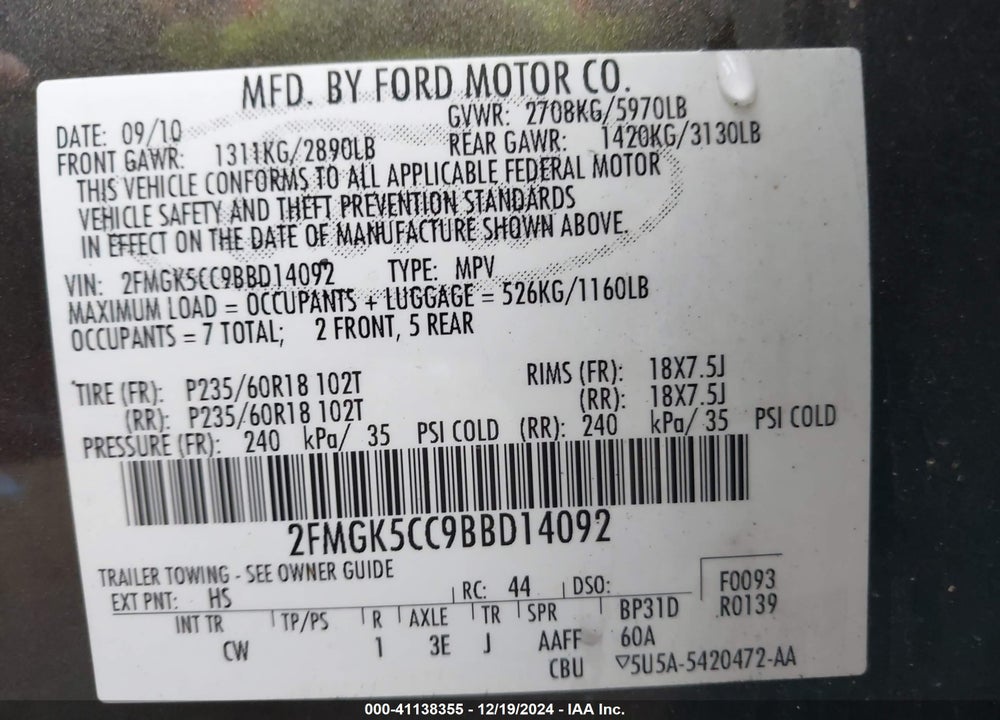 2011 FORD FLEX SEL VIN: 2FMGK5CC9BBD14092