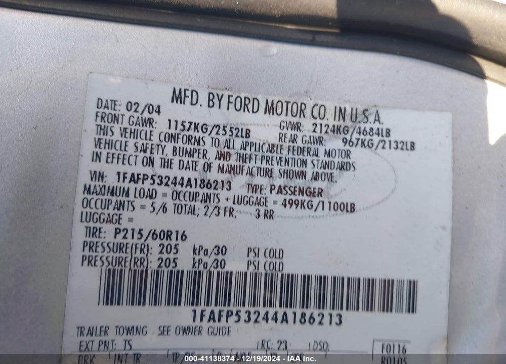 2004 FORD TAURUS SE VIN: 1FAFP53244A186213