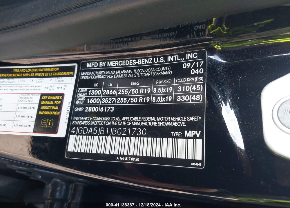 2018 MERCEDES-BENZ GLE CLASS VIN: 4JGDA5JB1JB021730