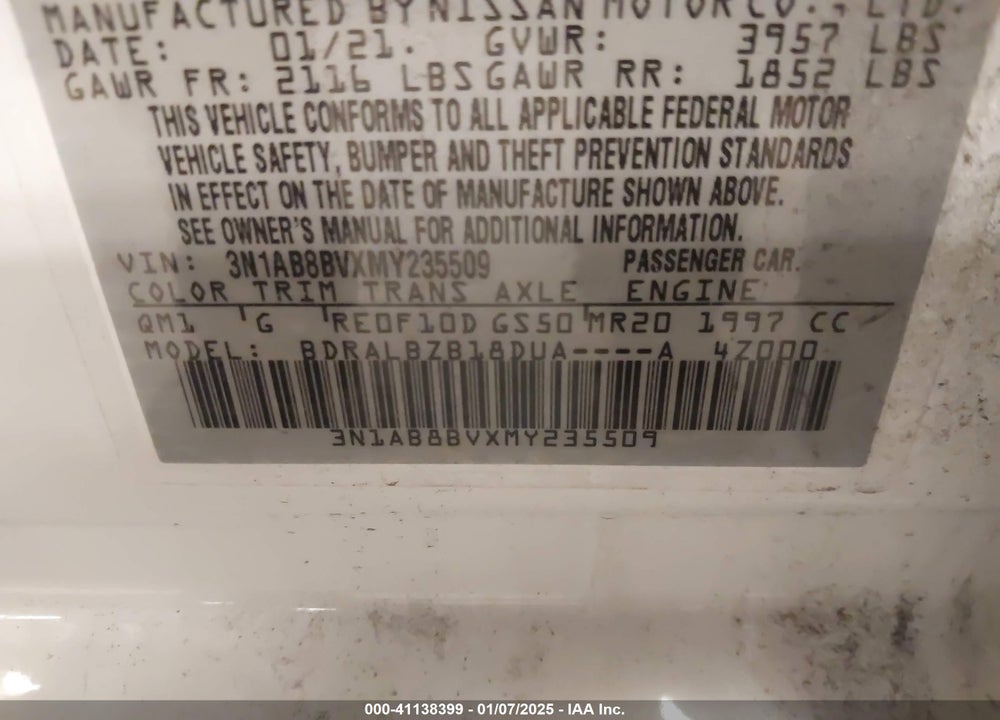 2021 NISSAN SENTRA VIN: 3N1AB8BVXMY235509