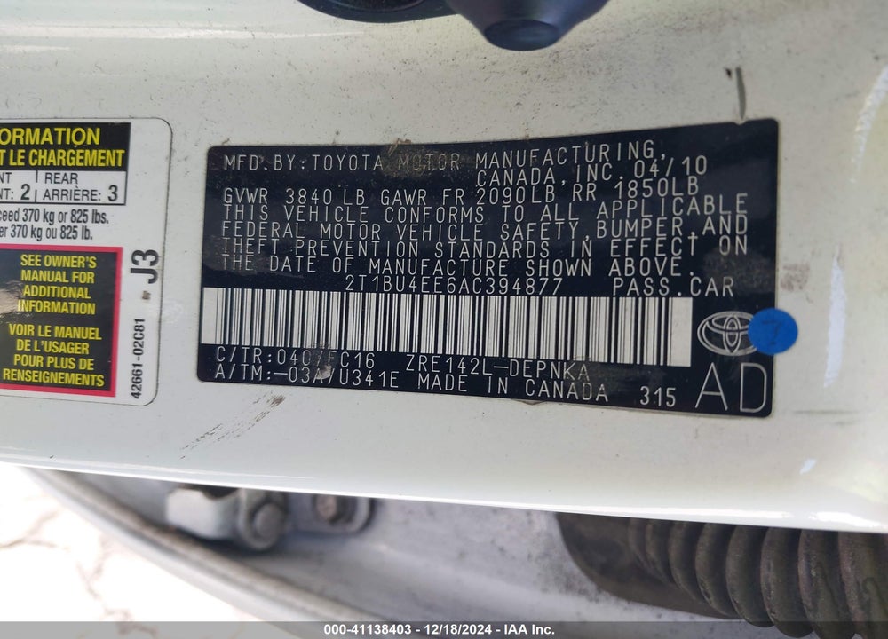 2010 TOYOTA COROLLA VIN: 2T1BU4EE6AC394877