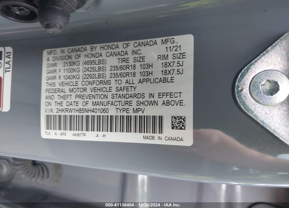 2022 HONDA CR-V 2WD EX-L VIN: 2HKRW1H85NH401060