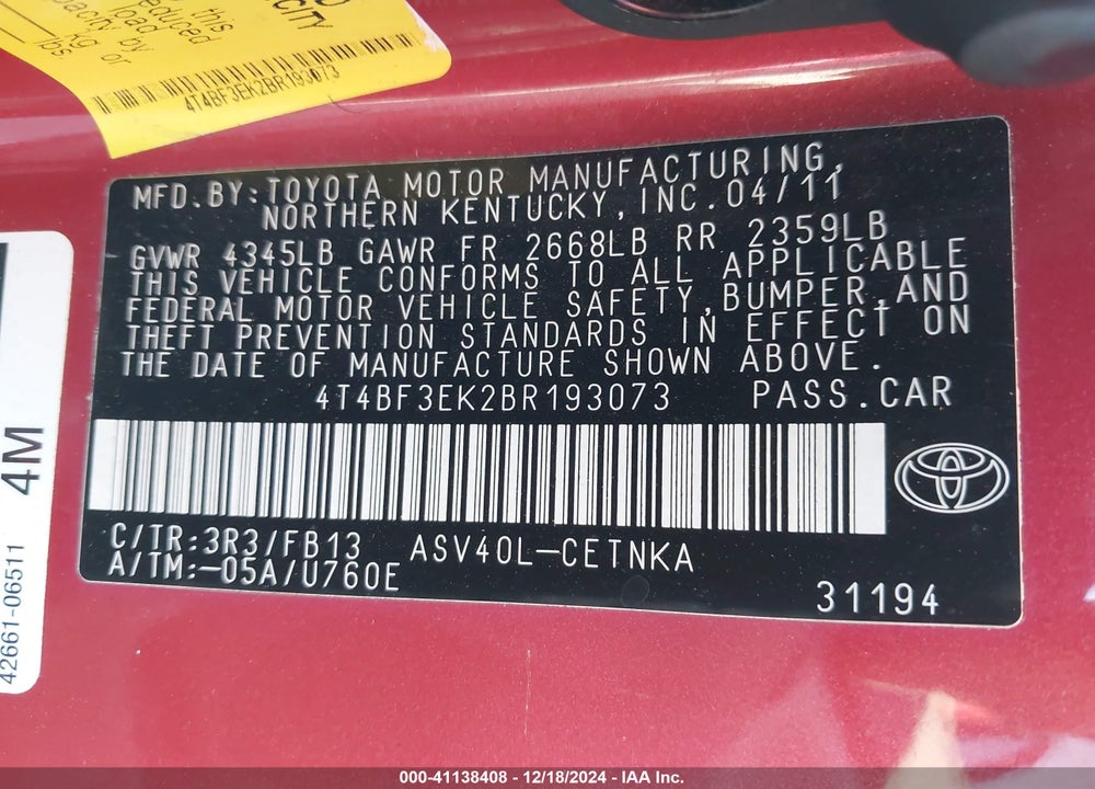 2011 TOYOTA CAMRY LE VIN: 4T4BF3EK2BR193073