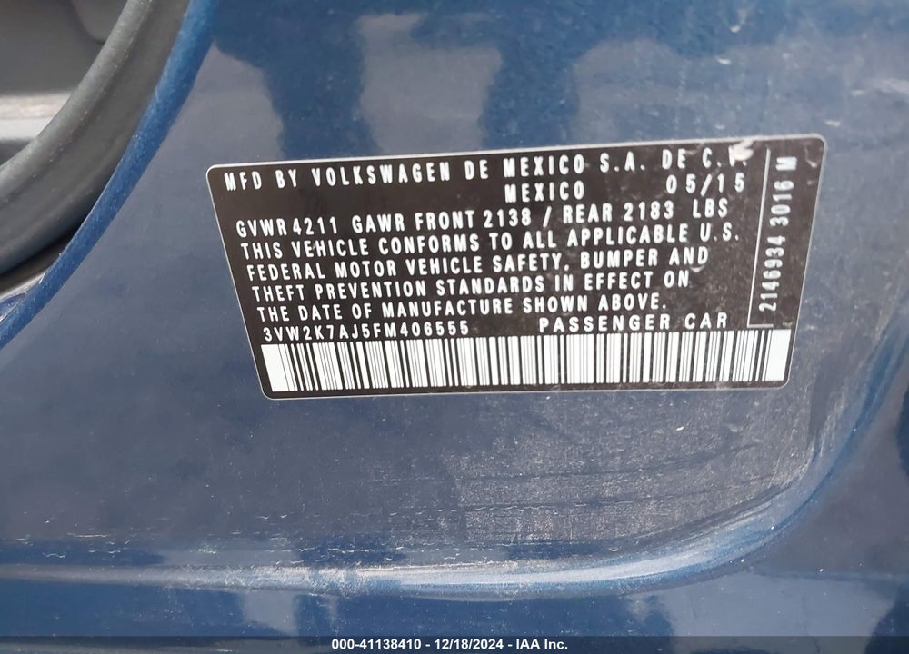 2015 VOLKSWAGEN JETTA VIN: 3VW2K7AJ5FM406555