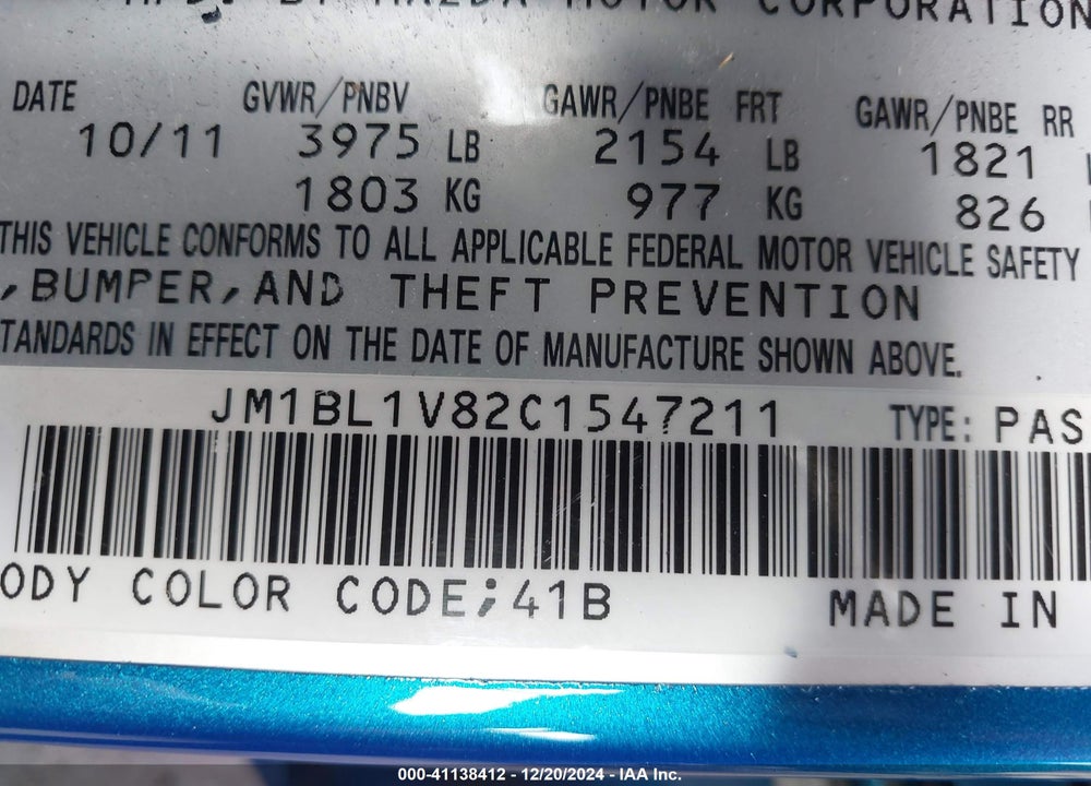 2012 MAZDA 3 I TOURING VIN: JM1BL1V82C1547211