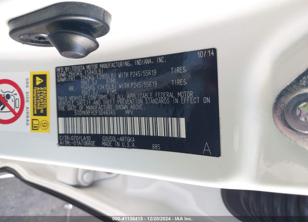 2015 TOYOTA HIGHLANDER LIMITED V6 VIN: 5TDYKRFH2FS048345