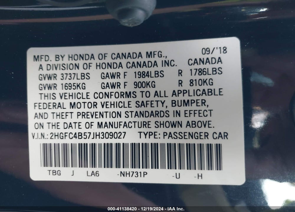 2018 HONDA CIVIC LX VIN: 2HGFC4B57JH309027