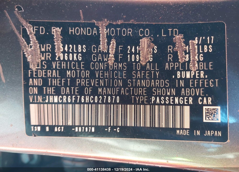 2017 HONDA ACCORD HYBRID TOURING VIN: JHMCR6F76HC027870
