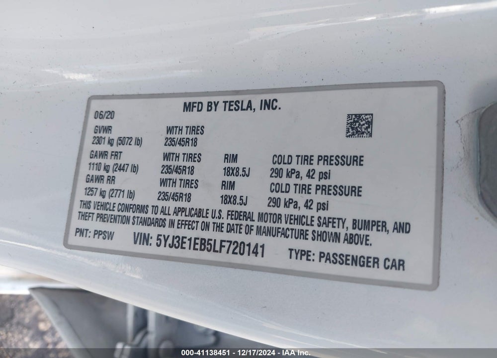2020 TESLA MODEL 3 VIN: 5YJ3E1EB5LF720141