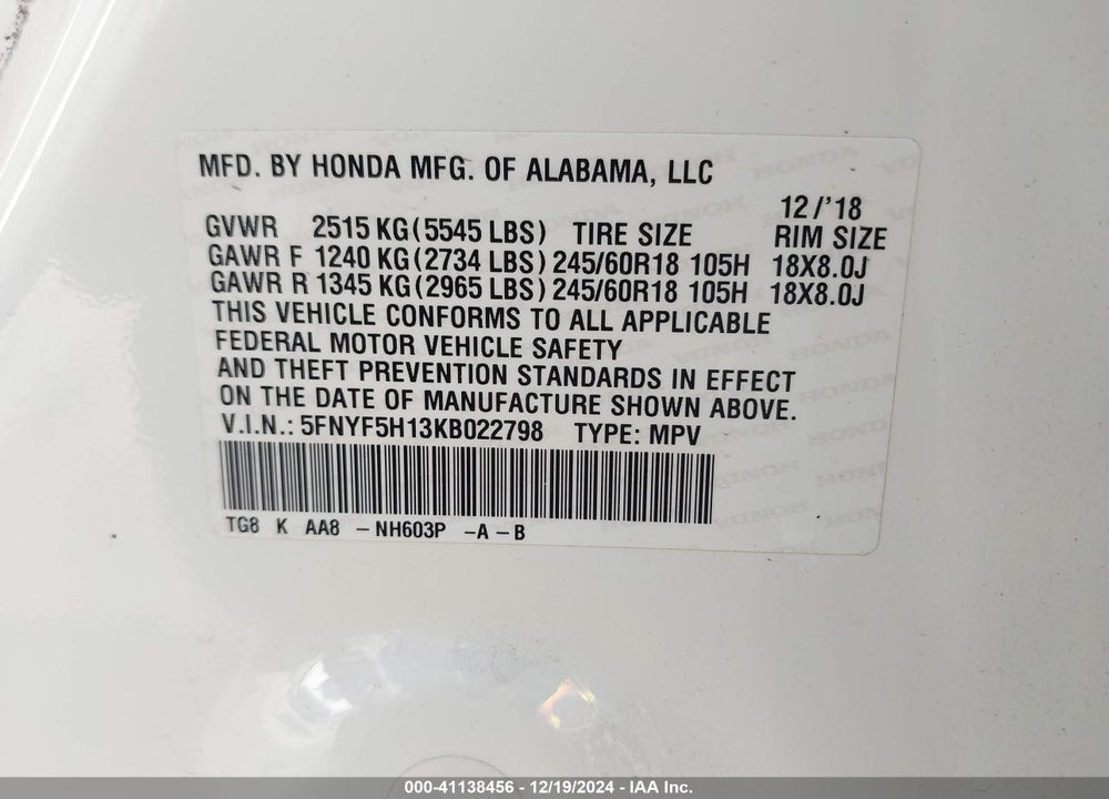 2019 HONDA PILOT LX VIN: 5FNYF5H13KB022798