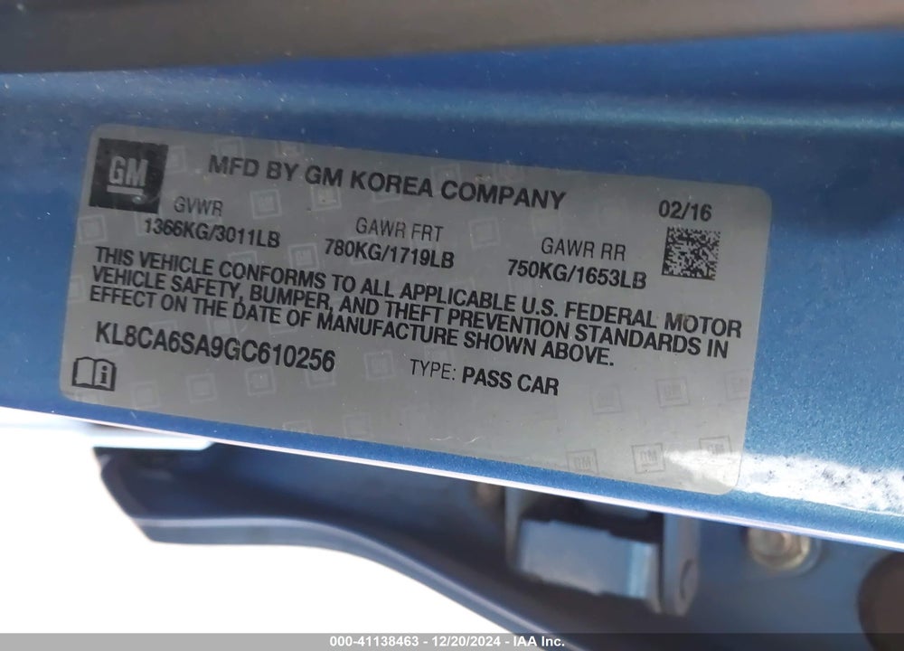 2016 CHEVROLET SPARK LS MANUAL VIN: KL8CA6SA9GC610256
